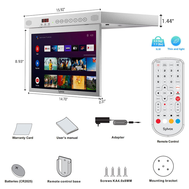 Sylvox 15,6" Smart Kleiner Fernseher für die Küche unter dem Schrank Montiert (Silber)