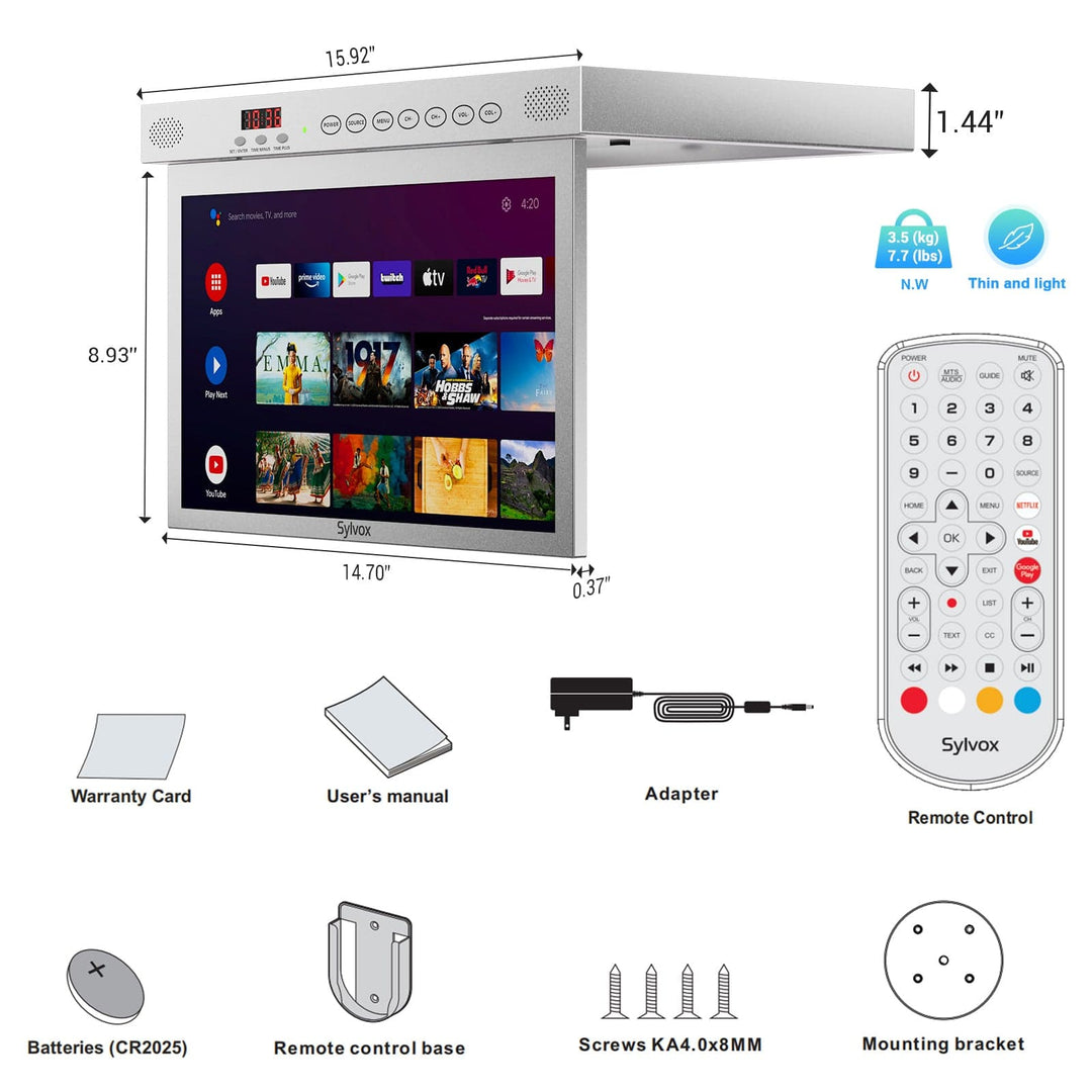 Sylvox 15,6" Smart Kleiner Fernseher für die Küche unter dem Schrank Montiert (Silber)
