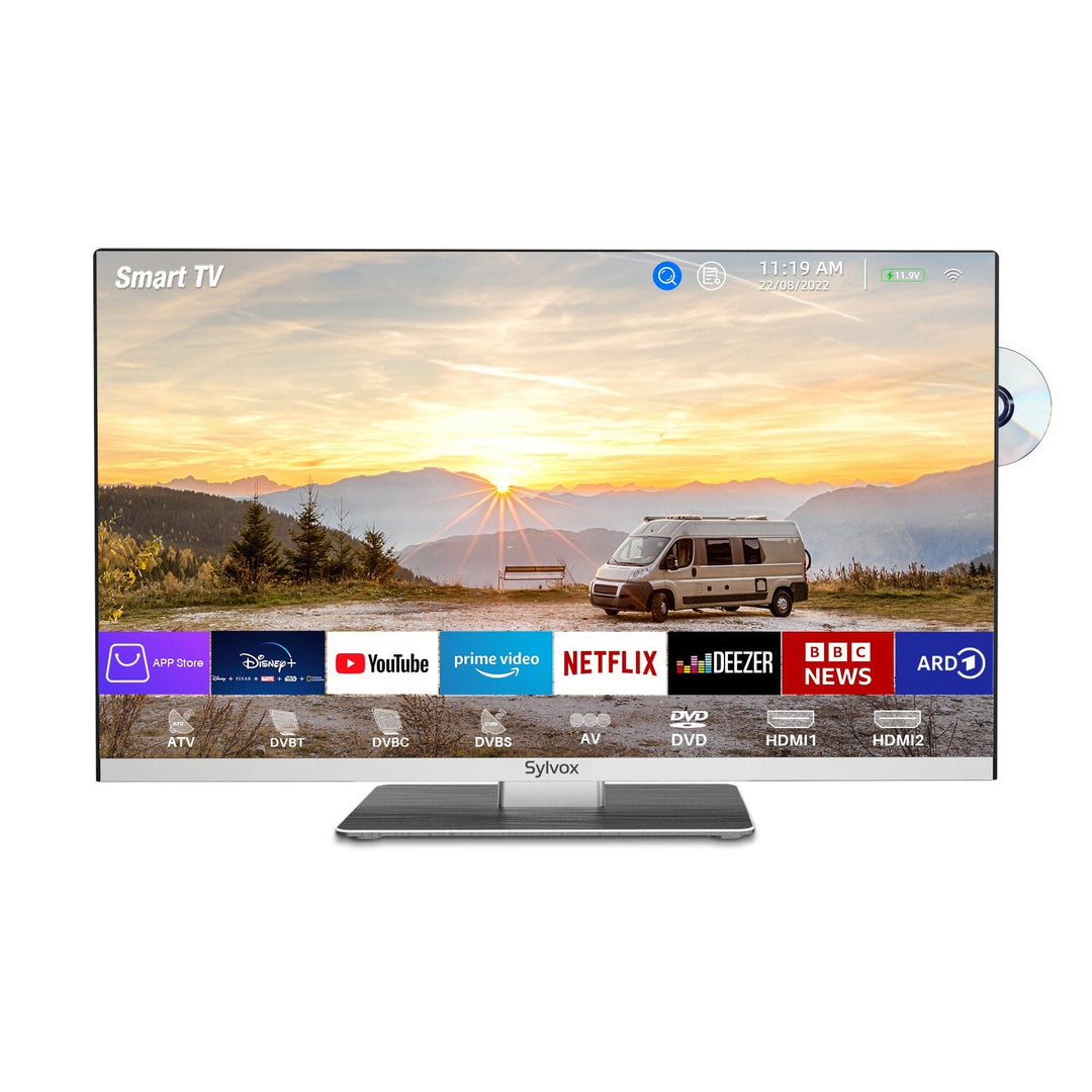 SYLVOX TV RV de 22 pulgadas, televisión 1080P de 12/24 voltios  CC alimentado por CC HDTV integrado (ATSC), sintonizador integrado de DVD,  altavoz de radio FM, con entrada HDMI/USB/AV, adecuado para 