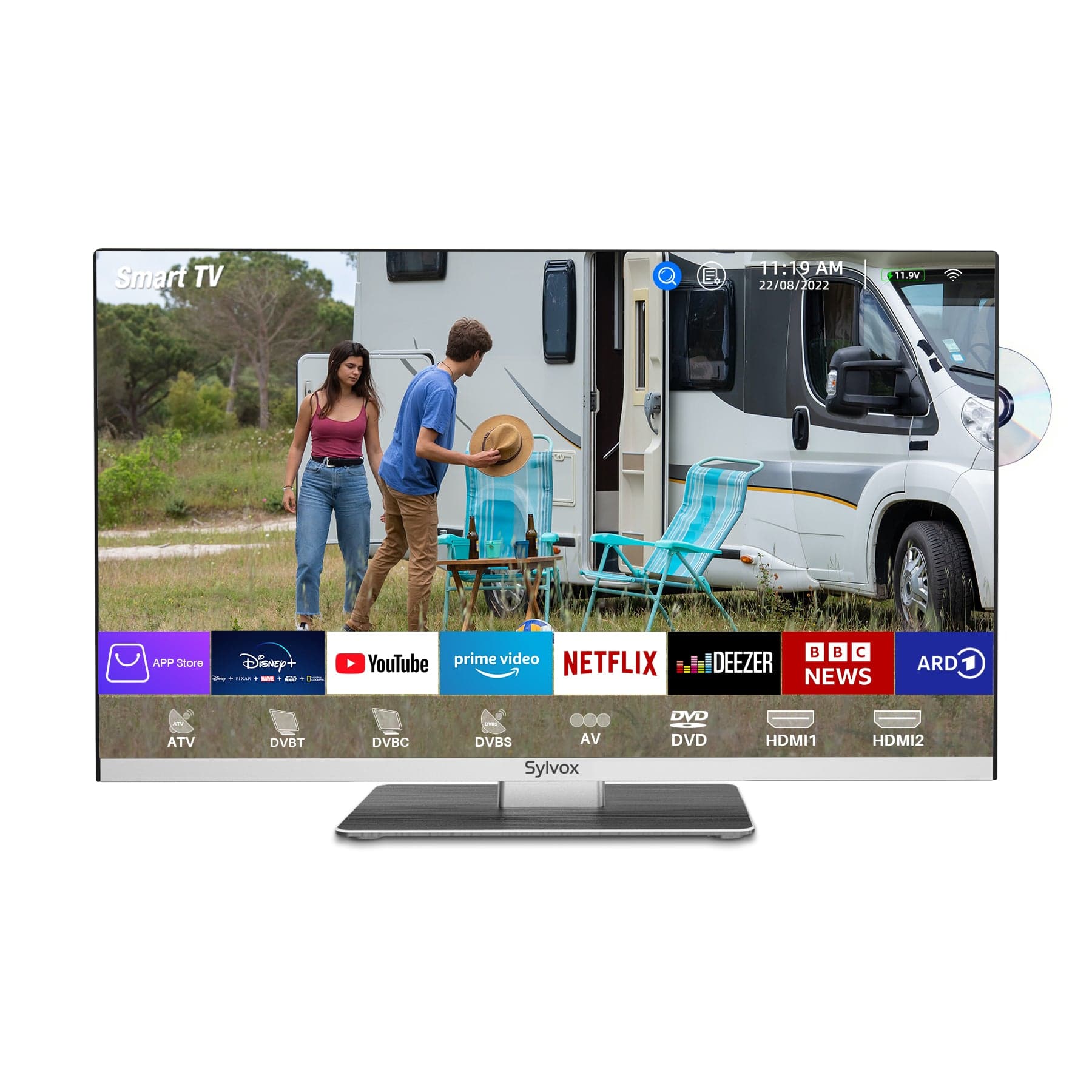  SYLVOX TV RV de 27 pulgadas, TV de 12 voltios, tienda de  aplicaciones incorporada, asistente de voz y reproductor de DVD, soporte de  TV inteligente, WiFi Bluetooth, sistema Android DC 12V