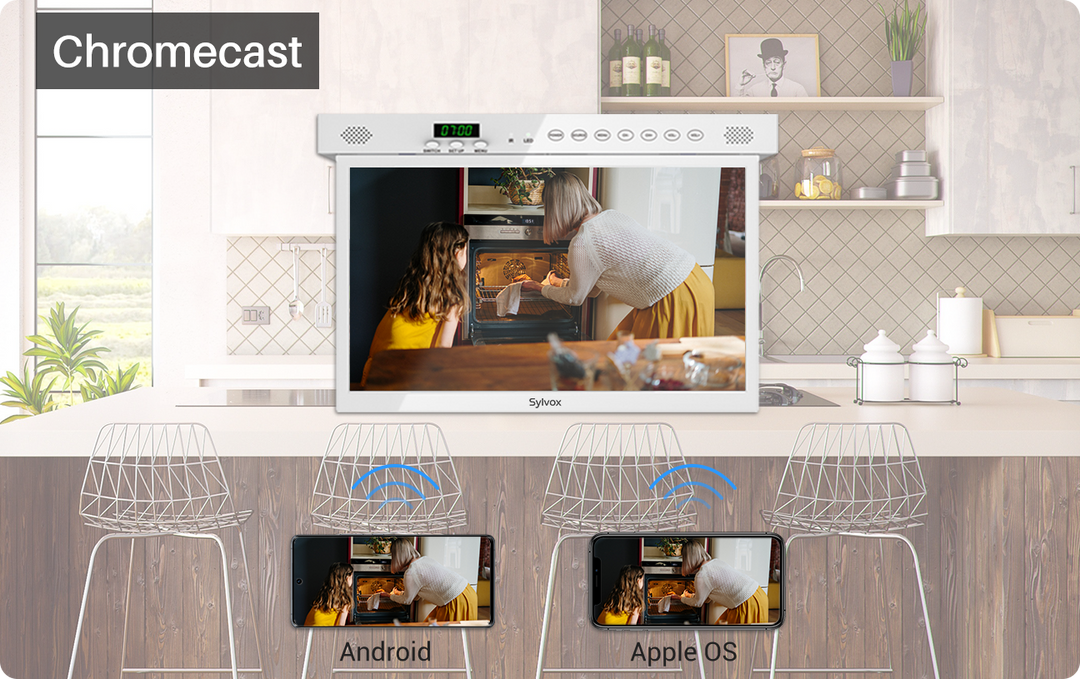 SYLVOX Televisión de cocina, TV debajo del gabinete de 15.6 pulgadas,  televisión para cocina, Smart TV integrado Google Play, compatible con