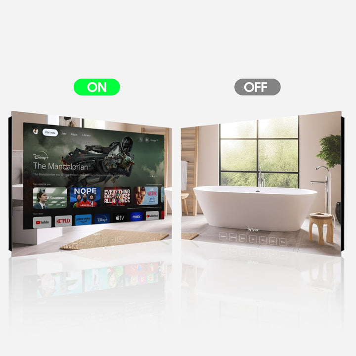 Smart-TV für den Einsatz im Badezimmer, der im geschlossenen Zustand als Spiegel und im geöffneten Zustand als HD-Fernseher fungiert