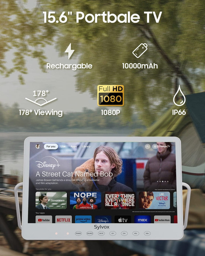 Sylvox Smart TV portátil con batería, resistente al agua, de 15,6"