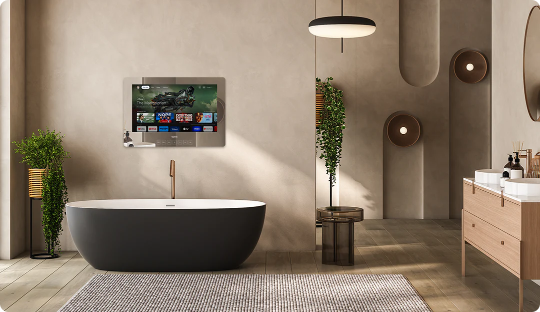 Ein Spiegel-TV wurde in einem modernen Badezimmer mit Badewanne installiert